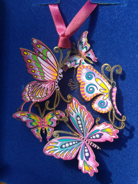 Butterfly Collage brass ornament with five colorful butterflies