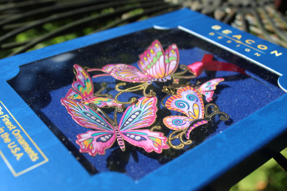 Butterfly Collage ornament shown in window box packaging