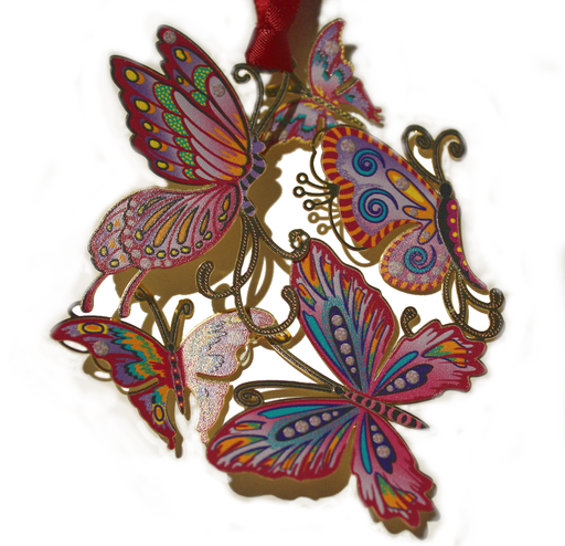 Five pink butterflies brass ornament with rainbow accents