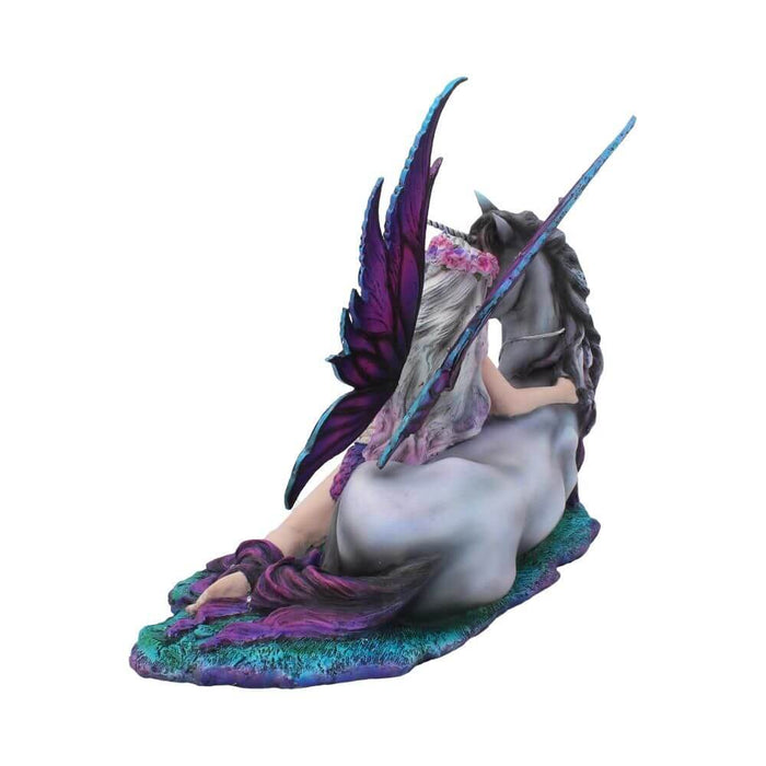 Back view of gray unicorn with purple winged fairy