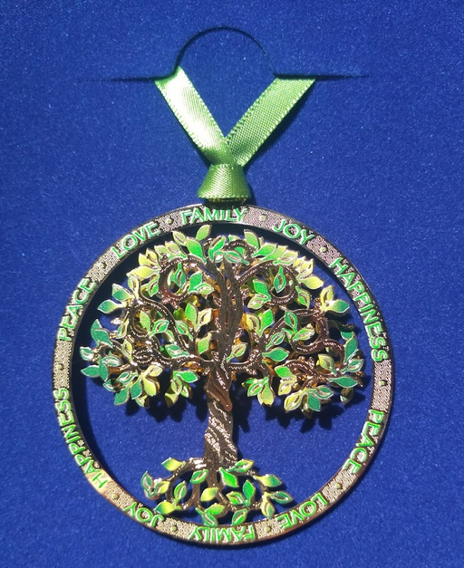 Tree of Life ornament with inspirational circle around it in shades of brass, gold, and green