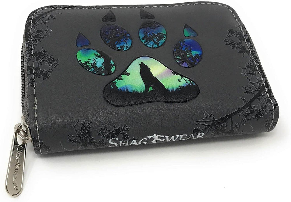 The dark gray change purse accessory has a pawprint on the front, where the silhouette of a howling wolf can be seen against aurora borealis colors. 