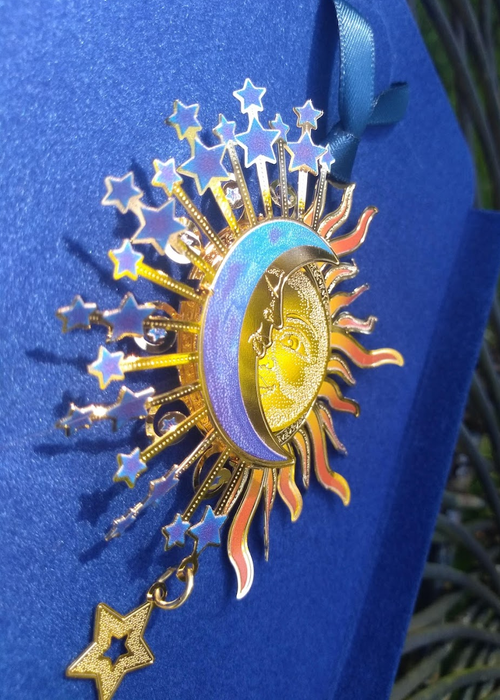 3D brass sun and moon ornament with gold dangling star