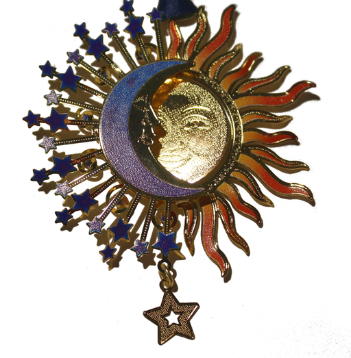 Brass sun & moon ornament accented in 24 karat gold with dangling star underneath