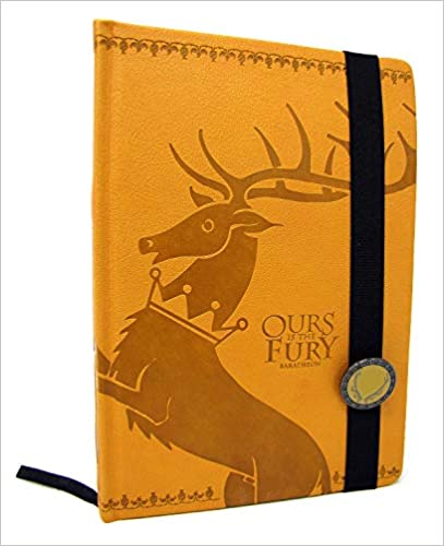 Tan Baratheon Game of Thrones journal, front cover with black strap and deer sigil