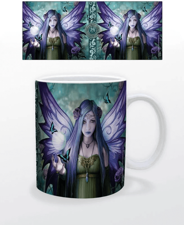 Coffee mug with Anne Stokes' artwork Mystic Aura, with a purple-winged fairy and blue butterflies around a floating orb bubble.