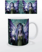 Coffee mug with Anne Stokes' artwork Mystic Aura, with a purple-winged fairy and blue butterflies around a floating orb bubble.