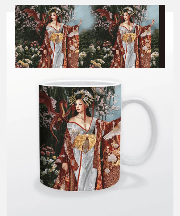 Coffee Mug featuring Nene Thomas artwork Queen of Silk with a geisha and a small red and gold dragon standing in a lush garden with cherry blossoms