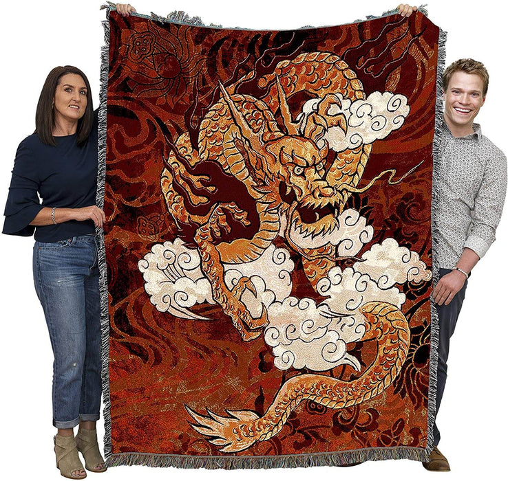 Golden Eastern Dragon throw blanket held up by two adults to show large size