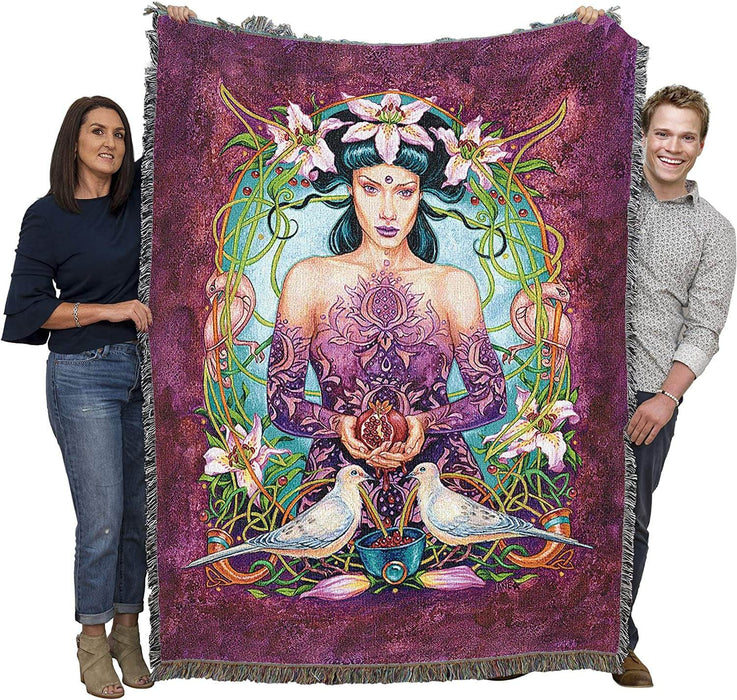 Pomegranate and doves woman tapestry blanket held up by two adults