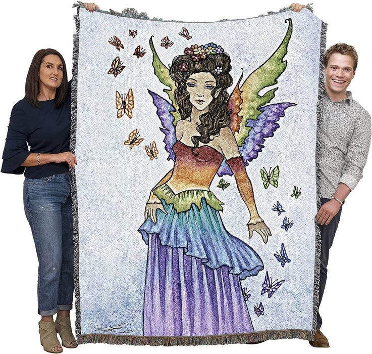 Rainbow fairy and butterfly tapestry blanket held up by two adults to show large size