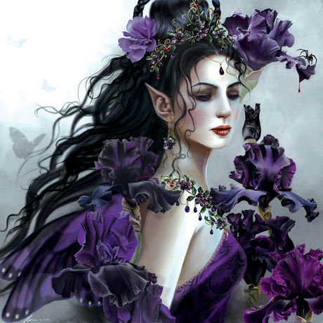 This stunning jigsaw puzzle features the artwork of Nene Thomas. A lovely maiden with pal skin and black hair stands before you, clad in a purple dress. Rich violet and dusk hued iris flowers frame her, and ornate gemstone jewelry provide yet more detail.
