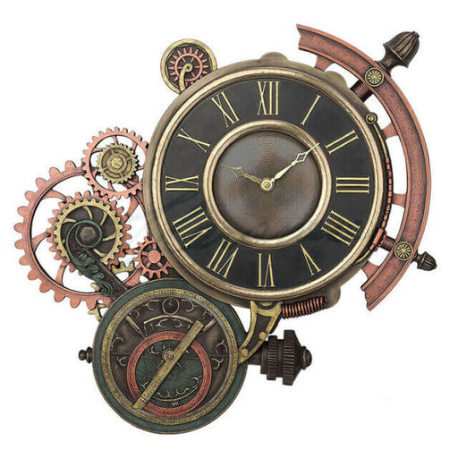 Steampunk wall clock with cogs and gears in shades of metal
