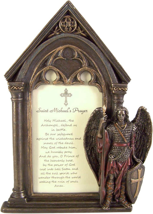 Saint Michael's Prayer written in a gothic cathedral frame with the angel posed to one side holding spear and shield