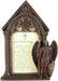 Saint Michael's Prayer written in a gothic cathedral frame with the angel posed to one side holding spear and shield