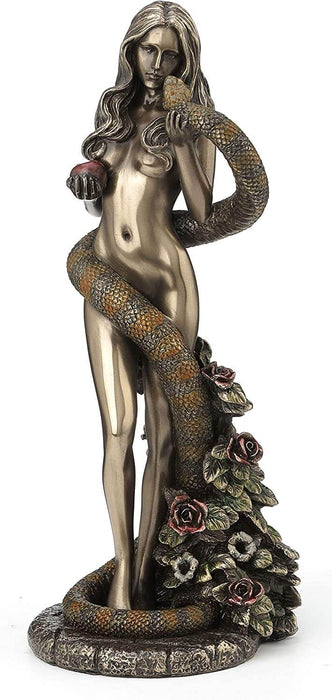 Eve stands nude, coiled with roses and the snake. She holds an apple in one hand. Done in a bronze finish