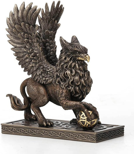 Griffin standing on a Celtic knot base, claw on a sphere with more knotwork