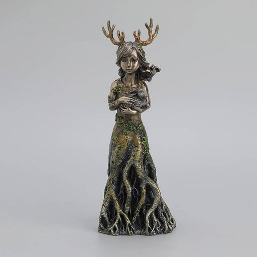 Wood nymph holds a rabbit. She is adorned with golden antlers, roots for legs, and leaves.