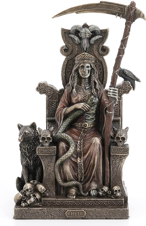 Hel presides over the underworld in Norse mythology. Daughter of Loki, she is sister to the wolf Fenrir and the serpent Jormungand. Here, she sits upon her throne, half skeletal, with her scythe.. Serpent and wolf, raven and skull all keep her company. 