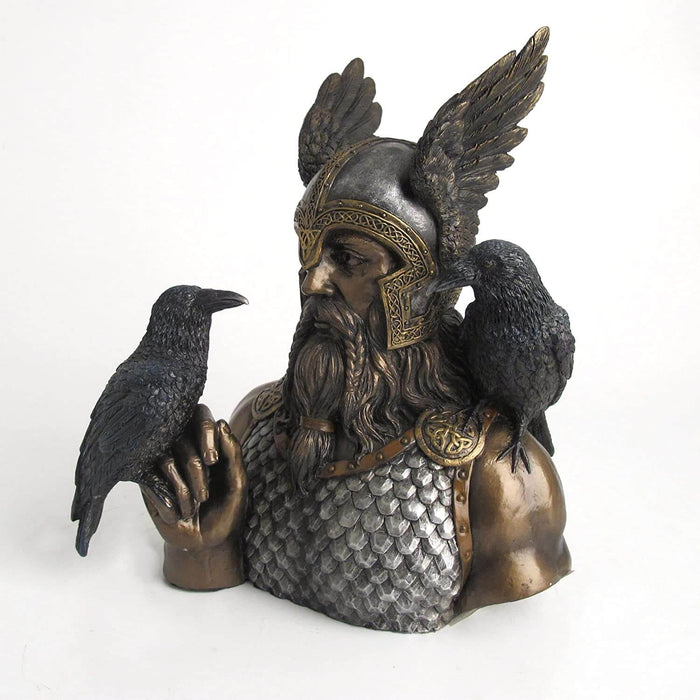 Norse god Odin with ravens Huginn and Muninn. Wearing armor, winged helmet and eye patch with braided beard, in metal colors. Bust