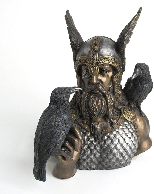Norse god Odin with ravens Huginn and Muninn. Wearing armor, winged helmet and eye patch with braided beard, in metal colors