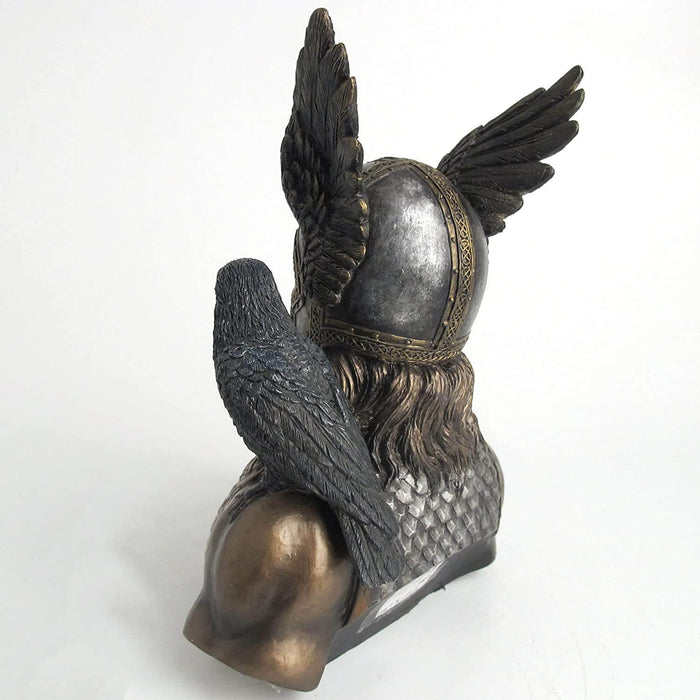 Norse god Odin with ravens Huginn and Muninn. Wearing armor, winged helmet and eye patch with braided beard, in metal colors. Back view of bust