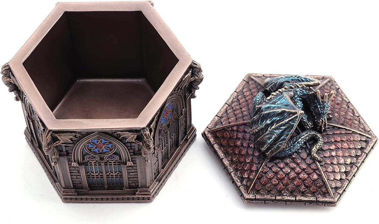 Cathedral dragon trinket box shown open, with lid off to the side