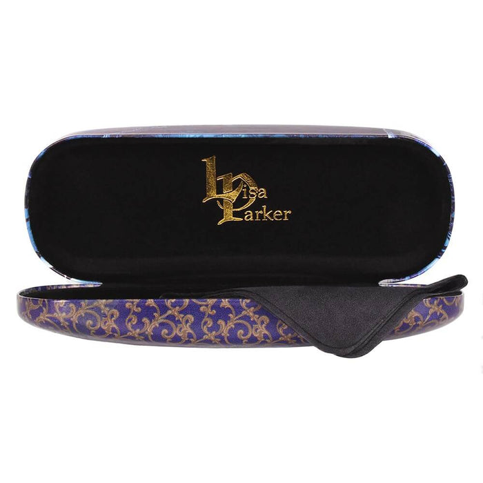 Eyeglass case open with Lisa Parker logo and cleaning cloth