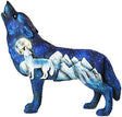 Blue wolf figurine with an image on its side of a howling wolf in the arctic