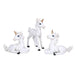 Set of three white unicorn foals with gold horns and blue eyes. One standing and two laying down