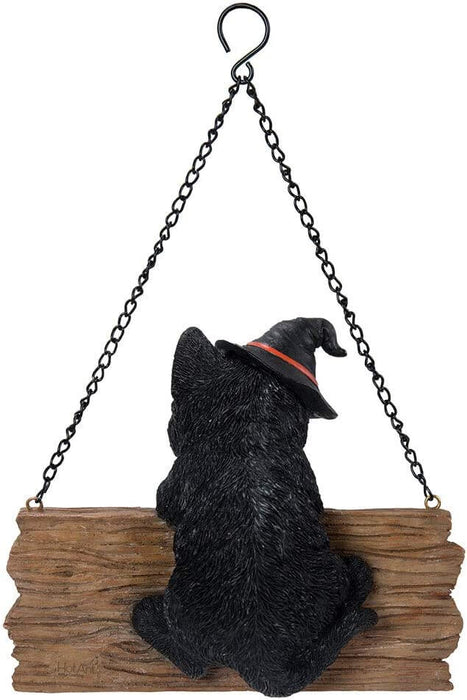 Black Kitten in witch hat hanging on a "Happy Halloween" sign, with chain for displaying. Viewed from the back to show the kitten's body
