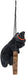 Black Kitten in witch hat hanging on a "Happy Halloween" sign, with chain for displaying. Viewed from the side