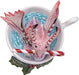Top down view Pink and red dragon sitting in a cup, holding a candy cane in its mouth. Holly leaves and berries sit at the base of the cup.