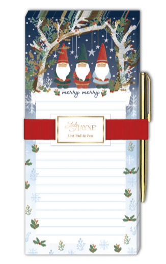 Magnetic List pad with gold pne. Paper has three gnomes in green, red, and blue in a winter scene with the words "merry merry". From Lady Jayne collection