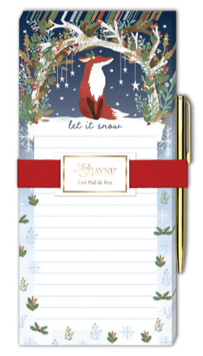 Magnetic List Pad with Gold pen by Lady Jayne. Shows a fox under a bough decorated in berries and hanging stars. Lined paper is perfect for lists.