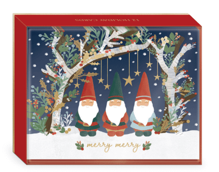 Christmas cards featuring three gnomes under decorated trees in the snow, with the words "merry merry"