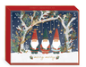 Christmas cards featuring three gnomes under decorated trees in the snow, with the words "merry merry"