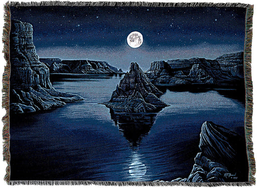 Tapestry Blanket with art by Kurt C Burmann showing a full moon rising over cliffs and water