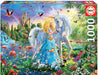 1000 piece jigsaw puzzle by Educa featuring a princess in a blue dress with blond hair and a white unicorn. Butterflies and birds fly around them, and there are also flamingos, a peacock, and bunnies. A castle is in the background and there are flowers everywhere!