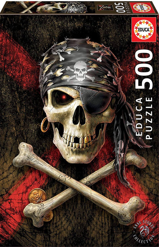 500 piece jigsaw puzzle by Educa with artwork of Anne Stokes. A grinning pirate skull and crossbones wears a black patterned bandana on a red and black flag background