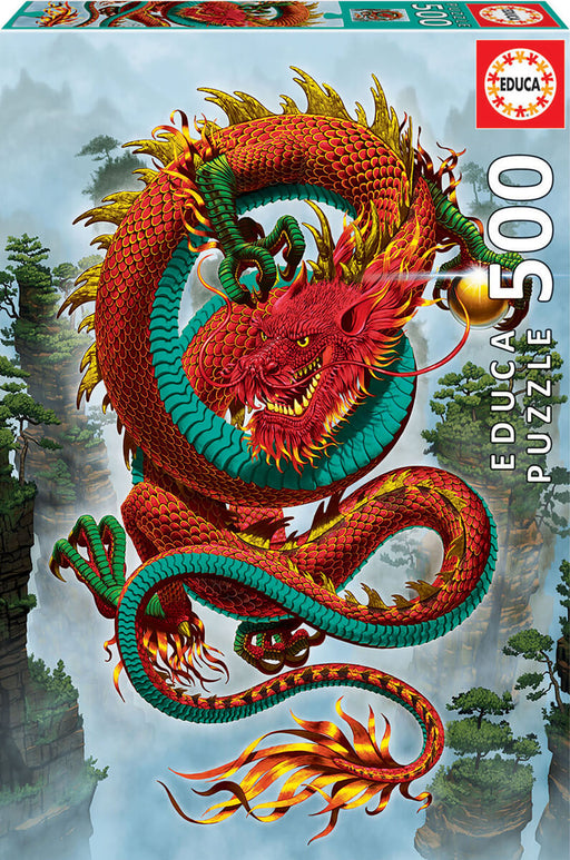 500 piece jigsaw puzzle by Educa featuring artwork of Vincent Hie. An Eastern style red dragon in red and green with gold accents coils around, holding a golden orb