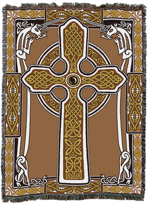 Tapestry throw blanket in shades of brown and gold with a Celtic cross and white unicorns