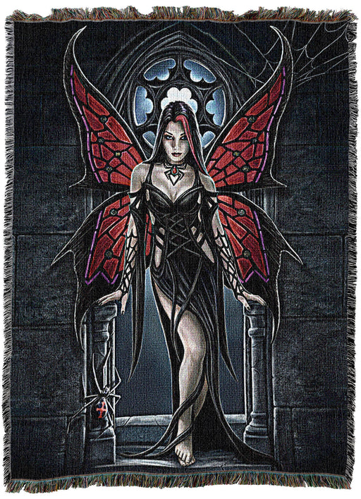 Tapestry Blanket featuring Arachnafaria art by Anne Stokes with a red and black fairy standing in a Gothic window with a black widow spider.