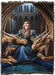 Tapestry blanket by artist Anne Stokes with a princess in blue flanked by two golden dragons