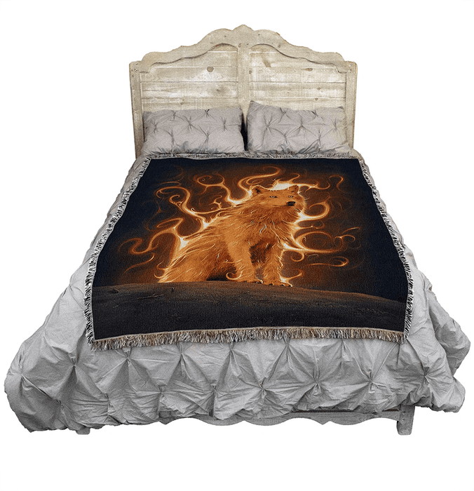 Fiery wolf tapestry shown on a bed for display