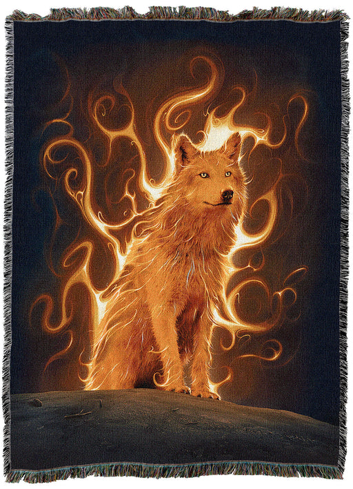 Phoenix Wolf tapestry blanket by Vincent Hie showing a fiery wolf