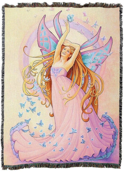 Tapestry Blanket showing a blond fairy in a pink dress, with pink and blue wings. She dances amidst a swarm of indigo butterflies on a pale gold background