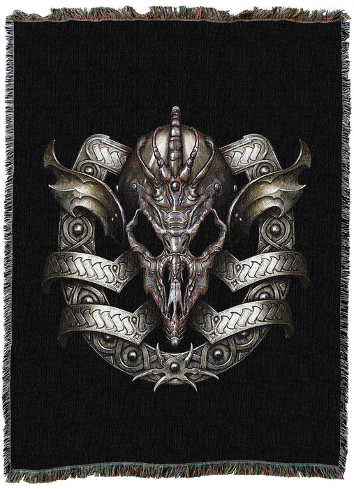 Black tapestry with metal dragon skull design by Ciruelo
