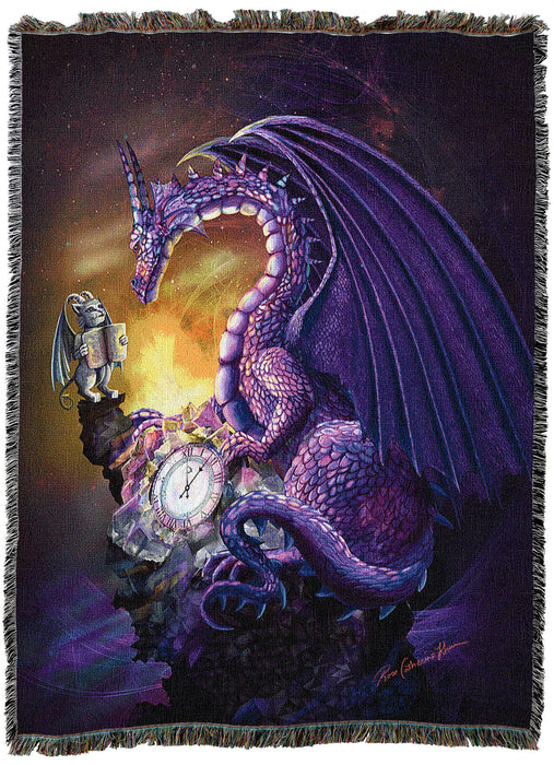 Tapestry blanket with art by Rose Khan showing a purple dragon with gargoyle friend next to a clock