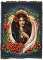 Tapestry blanket showing a white winged, brown-haired angel surrounded by red poppy flowers on a blue background. Art by Brigid Ashwood